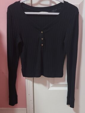Abercrombie & Fitch Black Ribbed Henley Long Sleeve Top